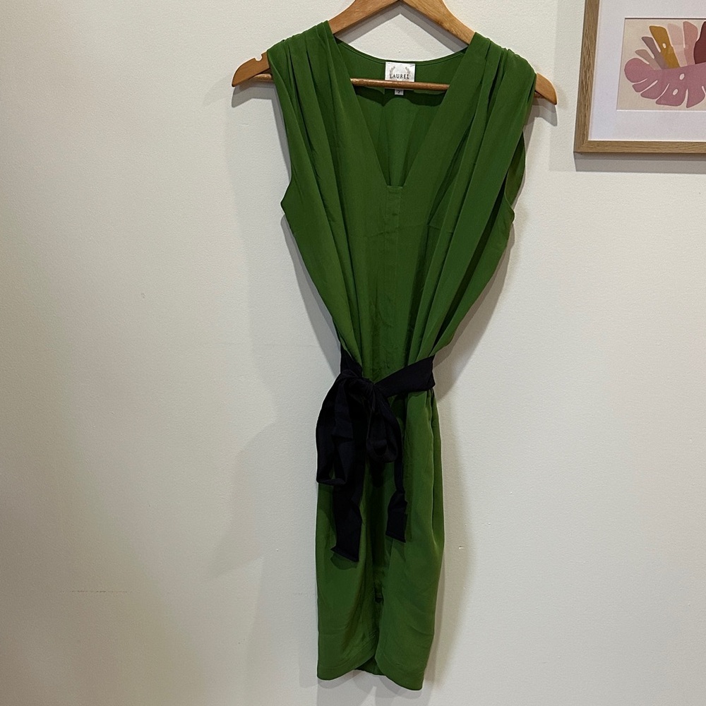 100% Silk Green Mini Dress with Adjustable Tie Waist